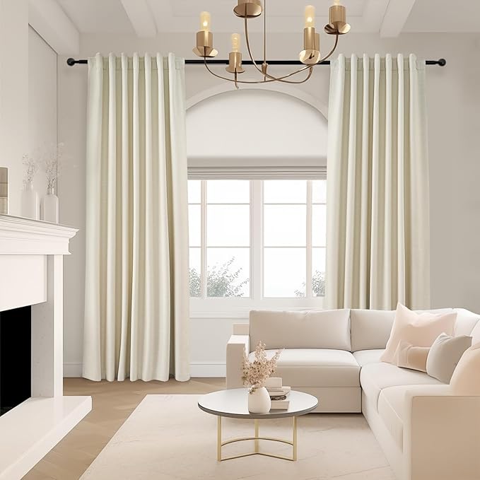 Topfinel 90 Inches Long Full Blackout Cream Linen Curtains for Bedroom, Light Blocking Ivory Pleated Thermal Cute Curtains, Decorative Elegant Lined Nursery Drapes 2 Panels Set for Sliding Door Winter