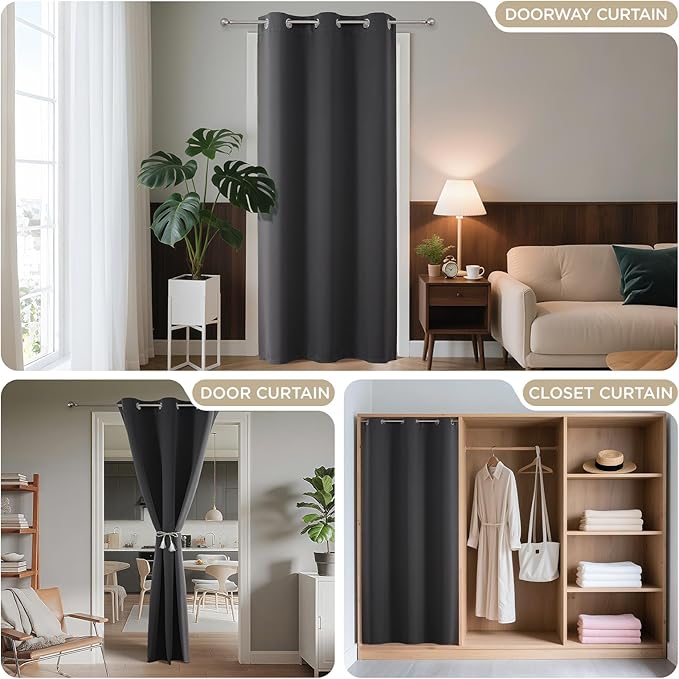 Joydeco Blackout Door Curtain for Doorway Privacy 72 Inches Long, Grommet Closet Curtain for Open Closet, Room Divider for Bedroom Living Room (Grey, 52Wx72L, 1 Panel)