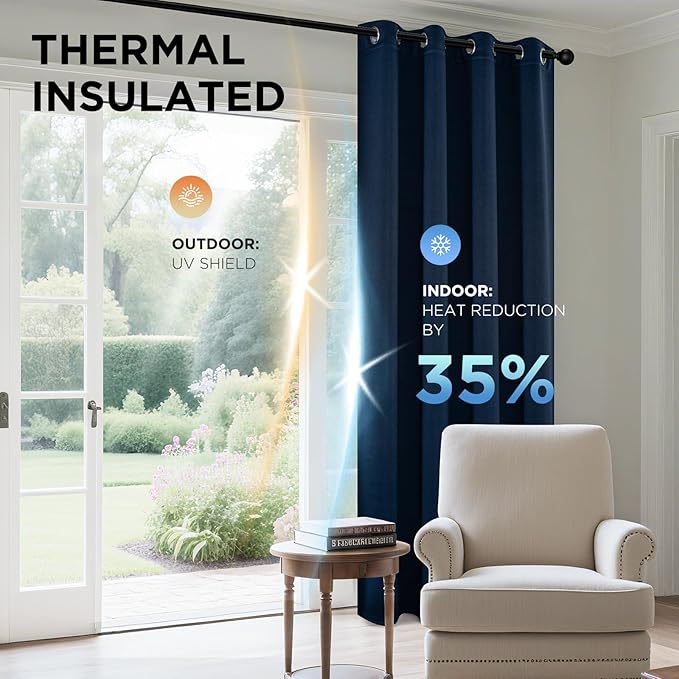 Joydeco Blackout Curtains 108 Inches Long 1 Panel, Thermal Insulated Long Curtains& Drapes 1 Piece, Room Darkening Grommet Drapes for Living Room Bedroom Window (W70 x L108 Inch, Navy Blue)