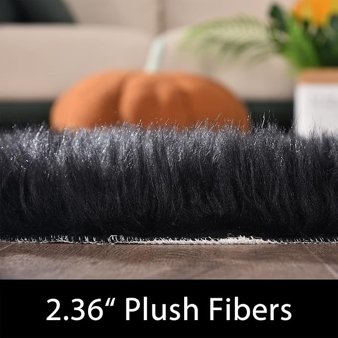 Latepis Shag 5x7 Black Fuzzy Rug Faux Sheepskin Fur Rugs Super Soft Washable Shaggy Rug for Living Room Fluffy Rugs for Bedroom Pure Dark for Luxury Home Décor