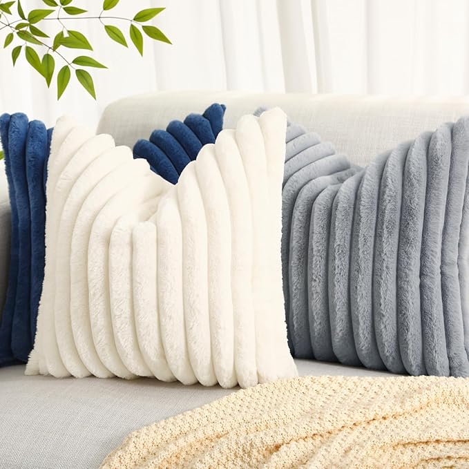 decorUhome Cozy Faux Fur Throw Pillow Covers 24x24 Set of 2 Decorative Soft Plush Striped Modern Farmhouse Boho Couch Euro Sham Pillow Cases with Velvet Back for Sofa Bed Living Room, Grey