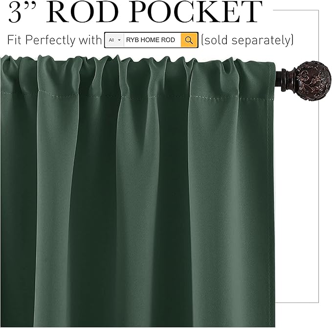 RYB HOME Basement Bathroom Kitchen Cafe Blackout Privacy Curtains, Short Insulating Light UV Heat Blocking Privacy Curtain Tiers for Laundry Room, Width 34 by Length 30, Dark Green, 2 Panels