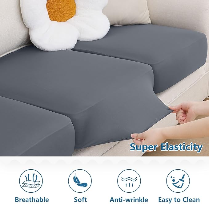 hyha Milk Silk Couch Cushion Covers, Soft Magic Sofa Covers Washable for 3 Cushion Couch, Stretch Sectional Outdoor Cushion Covers for Patio Furniture with Elastic Bottom(Large, Dark Gray)