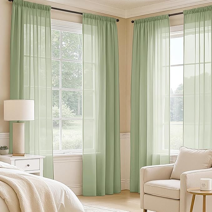 MIULEE Sage Green Sheer Curtains 84 Inches Long, 4 Panels Set, Light Filtering Rod Pocket Voile Drapes Window Treatments, Semi Transparent Airy Fabric for Bedroom and Living Room, 54 x 84 Inches