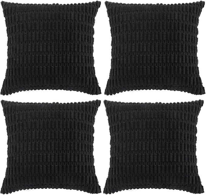 Fancy Homi 4 Packs Boho Black Decorative Throw Pillow Covers 20x20 Inch for Living Room Couch Bed Sofa, Rustic Modern Farmhouse Home Decor, Soft Plush Corduroy Square Cute Cushion Case 50x50 cm