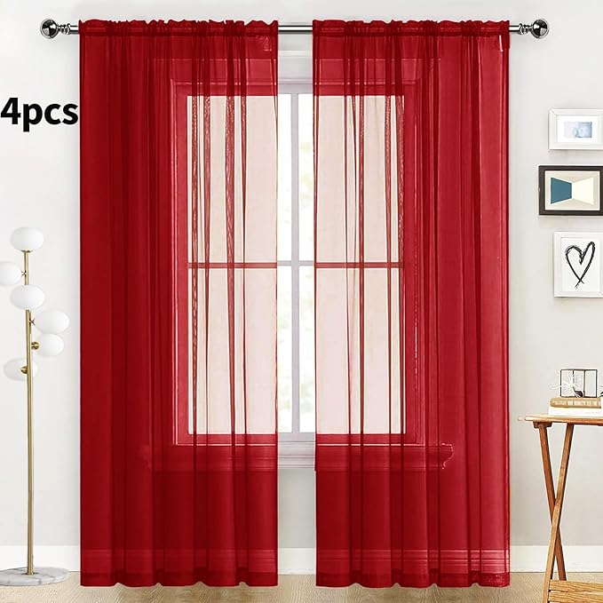 SpaceDresser Christmas Red Sheer Curtains 4 Panels Rod Pocket Semi-Sheer Curtain 84 Inches Long Light Filtering Voile Window Drapes for Bedroom Living Room Kitchen, Each 52W x 84L