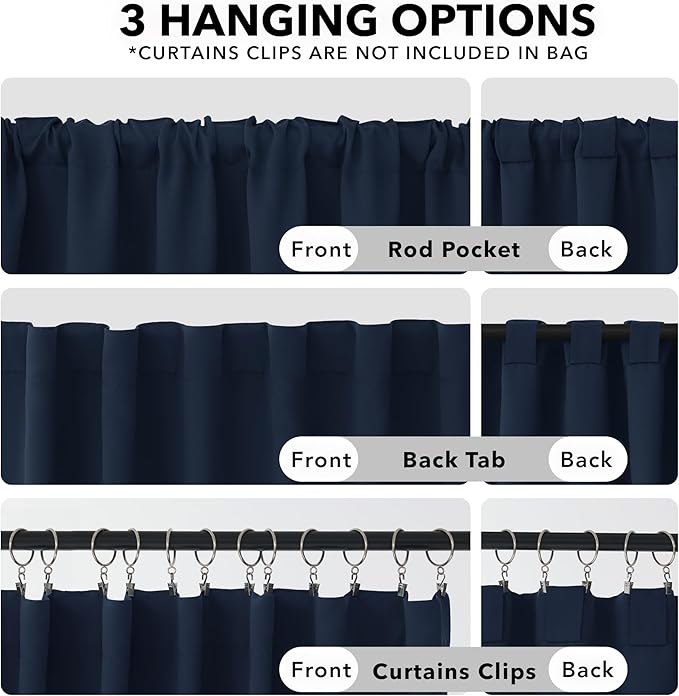 Deconovo Blackout Curtains for Kitchen Window Back Tab and Rod Pocket Curtains Room Darkening Curtains 52Wx45L Inch Navy Blue 2 Panels