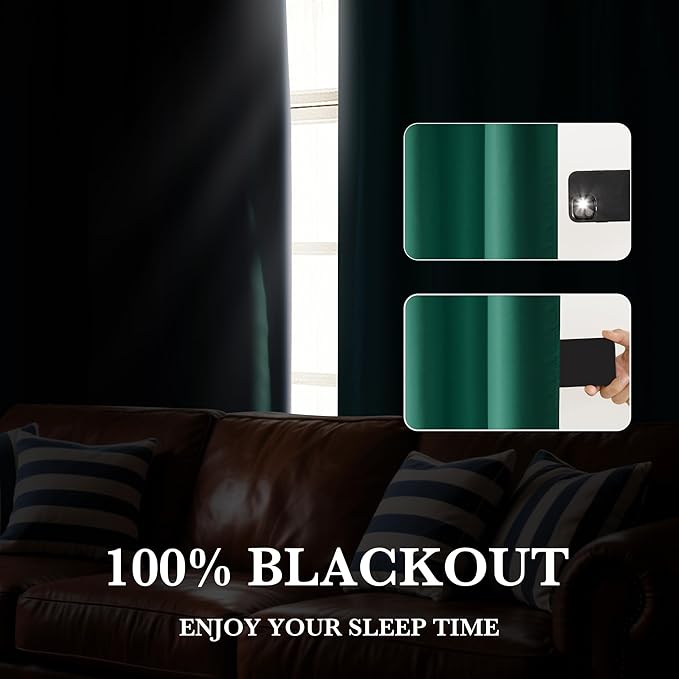 RYB HOME 100% Blackout Short Curtains for Small Window, Thermal Insulated Total Room Darkening Noise Reducing Curtains for Kitchen Bathroom Basement, 34 inches Wide by 45 inches Long, Dark Green