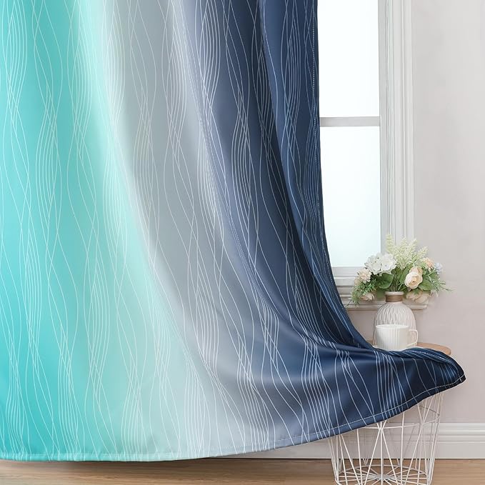 Estelar Textiler Navy Blue and Teal Gradient Blackout Curtains 102 Inches Long for Bedroom, Thermal Insulated Full Room Darkening Ombre Gray Grommet Drapes for Living Room, 52Wx102L, 2 Panels