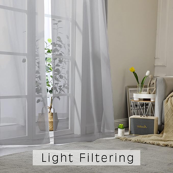 OWENIE Short Grey Sheer Curtains 36 Inches 2 Panels Set - Light Filtering Kitchen Tiers Rod Pocket Voile Cafe Curtains for Kitchen Bathroom Small Half Window, 42 in W x 36 in L, Grey