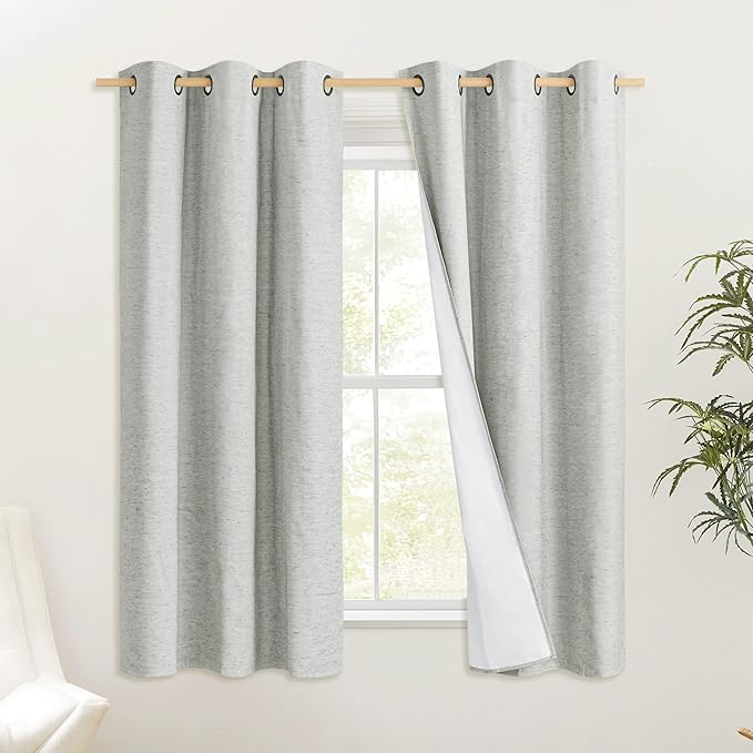 NICETOWN Grey 100% Blackout Curtain Panels, Set of 2, 34" Wide by 60" Long, Thermal Insulated White Thermal Insulated Liner Drapes for Nursery, Noise Reducing and Heat Blocking Drapes for Windows