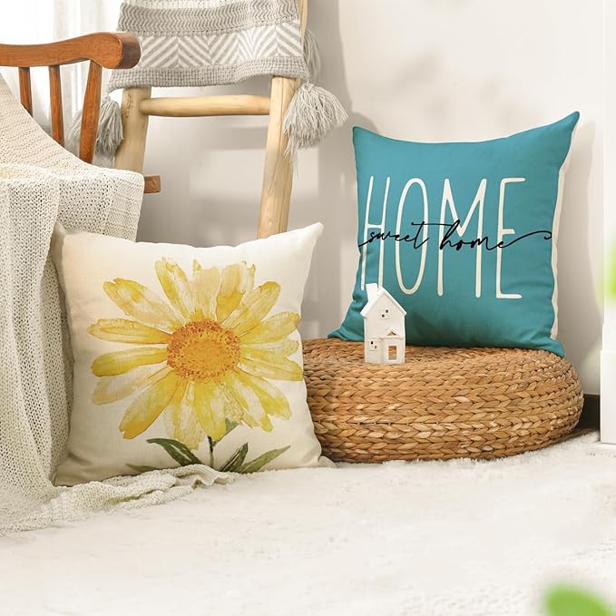 AVOIN colorlife Home Sweet Home Spring Summer Flowers Yellow Throw Pillow Covers, 16 x 16 Inch Blue Cushion Case for Sofa Couch Set of 4