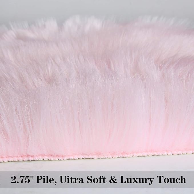 duduta Pastel Pink Rug Faux Sheepskin Fur 2x3 ft, Fluffy Shag Throw Rugs for Girls Bedroom Kids Room Nursery Chair Cover Non Slip