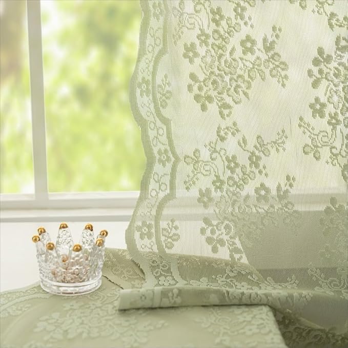 YJ YANJUN Vintage Lace Curtains 108 Inches Long-Victorian Floral Pattern Boho Sage Green Sheer Curtain Panels for Dining Room Living Room Big Windows and High Ceilings 2 Panels