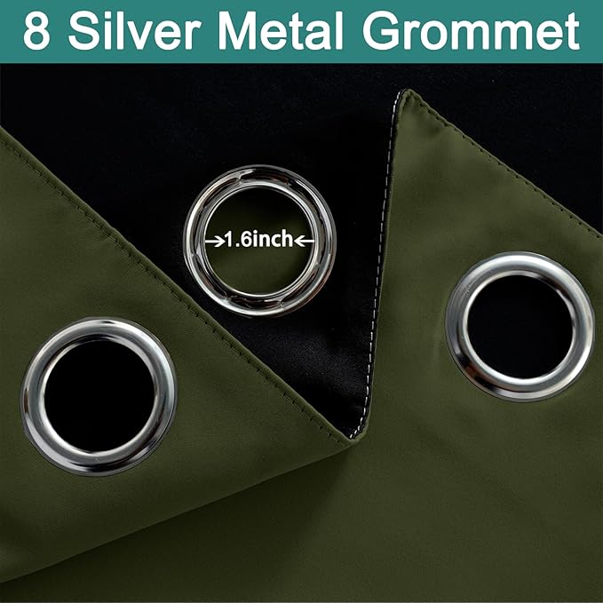 Yakamok Green 100% Blackout Curtains, Total Blackout Lined Curtain Panels for Bedroom, 2 Thick Layers Grommet Top Thermal Insulated Blackout Drapes for Living Room(52Wx84L, Olive Green, 2 Panels)