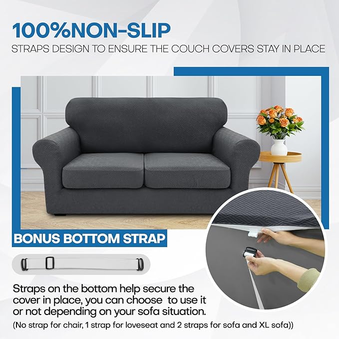XINEAGE 2026 New 3 Pieces Couch Covers for 2 Extra Large Cushion Sofa Super Stretch Sofa Cover for 2 Large Seat Universal Loveseat Slip Cover for Living Room (Dark Gray), 71"-91"(2 Cushions)