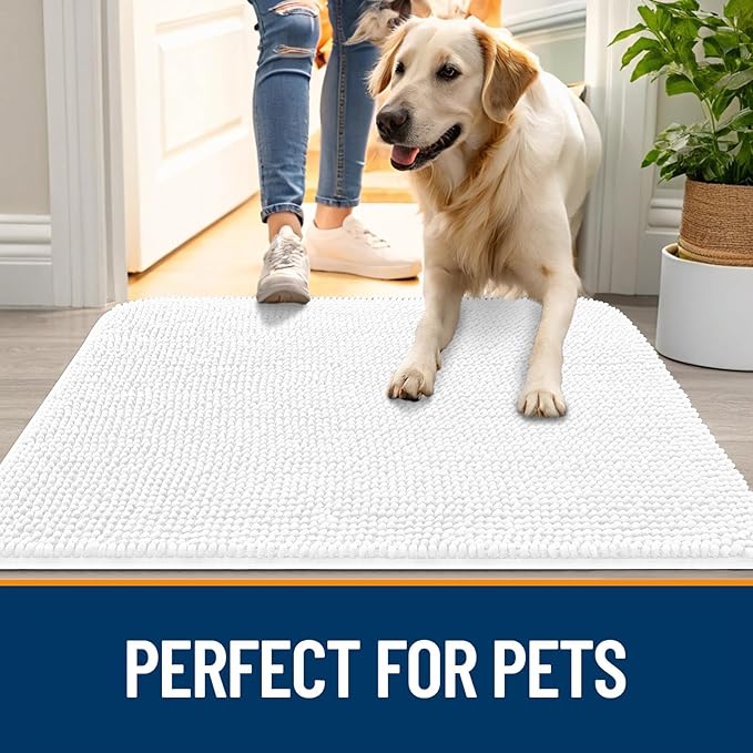 OLANLY Dog Door Mat for Muddy Paws 30x17, Absorbs Moisture and Dirt, Absorbent Non-Slip Washable Doormat, Quick Dry Chenille Mud Mat for Dogs, Entry Indoor Entryway Carpet for Inside Floor, White