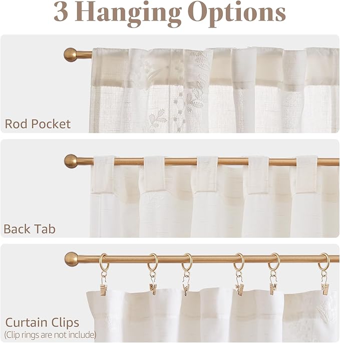 jinchan Belrose Linen Floral Cafe Curtains 45 Inch Length Embroidered Farmhouse Curtains for Kitchen Bedroom Bathroom Small Windows Curtain Set Light Filtering 2 Panels White