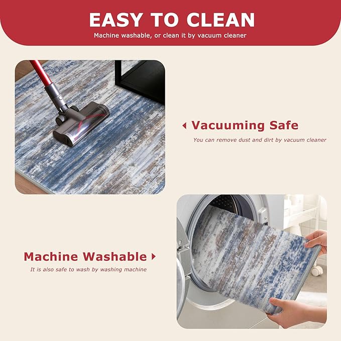 KOZYFLY Modern Abstract Runners for Hallways 2x12 Washable Rug Runner Non-Slip Soft Striped Kitchen Runner Rug, Blue Rust Print Carpet Runner for Entryway Bathroom Laundry Room Foyer