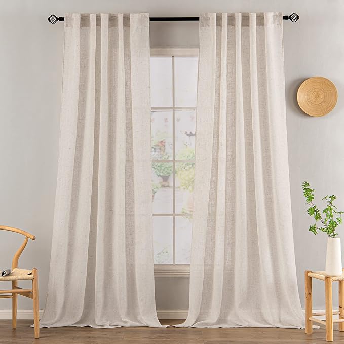 MIULEE Natural White Linen Curtains 132 Inch Length 2 Panels for Bedroom Living Room, Soft Thick Linen Textured Window Drapes Semi Sheer Light Filtering Back Tab Rod Pocket Burlap Look Decor
