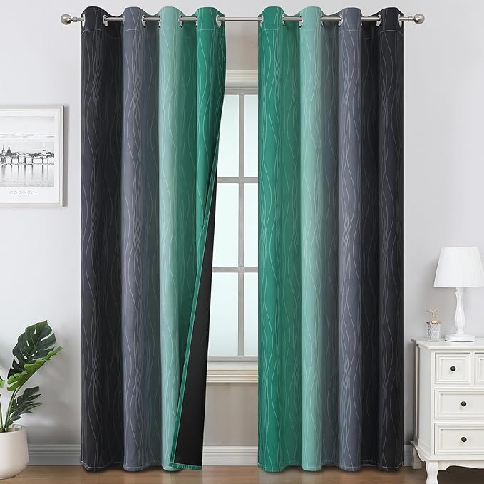 Estelar Textiler Black and Green Ombre Blackout Curtains 90 Inch Length for Living Room, Room Darkening Grommet Gradient Thermal Insulated Drapes for Bedroom,52Wx90L Inches, 2 Panels
