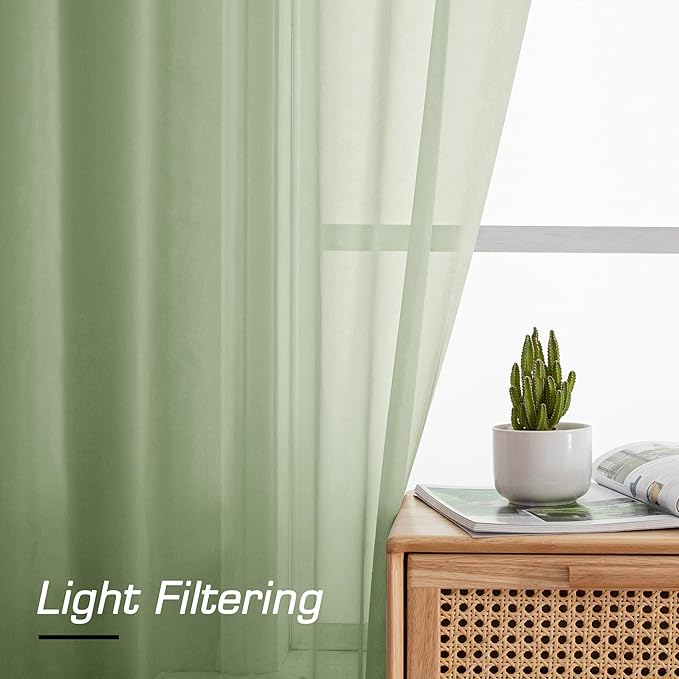 Simplebrand Light Green Sheer Curtains 96 Inches Long 2 Panels, Light Filtering Rod Pocket Solid Color Window Sheer Curtain Panels, Elegant Curtains & Drapes for Living Room, Bedroom, 42" W x 96" L