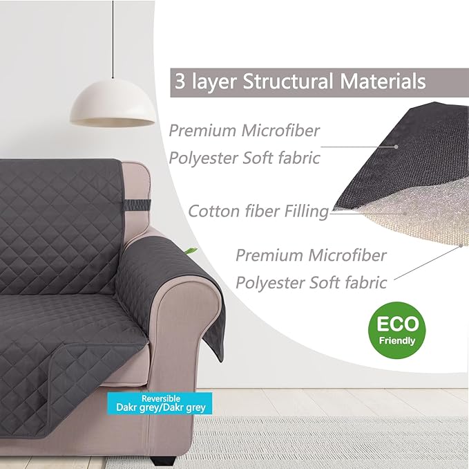 U-NICE HOME Reversible Oversized Chair Covers Quilted Water Repellent Pet Protectors with Elastic Straps(28''Armchair, Dark Grey/Dark Grey)