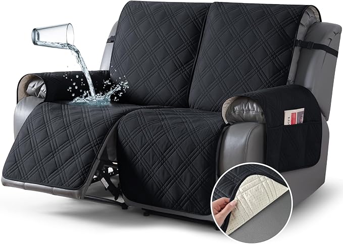 TAOCOCO 100% Waterproof Loveseat Recliner Cover, Non Slip Split Loveseat Covers for Reclining Loveseat with Elastic Straps, Washable Recliner Chair/Furniture Protector for Kids Pets(2 Seater, Black)