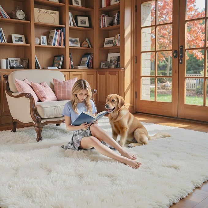 Area Rugs 10x14 Living Room, Shaggy Carpet Soft Plush Furry Bedside Rug Large Area Rugs for Bedroom Kids Girls Boys Home Decor Anti Slip(10 x 14, Cream)