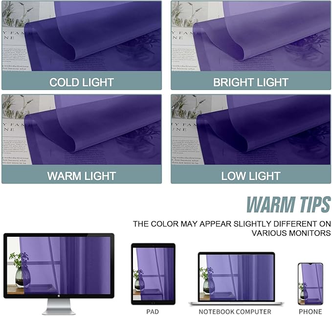 Purple Small Sheer Curtains 2 Panels Set, Kitchen Curtains 36 Inch Length, Elegant Light Filtering Short Window Drapes for Living Room Bedroom, Dual Rod Pocket Design, 2x42Wx36L Inches