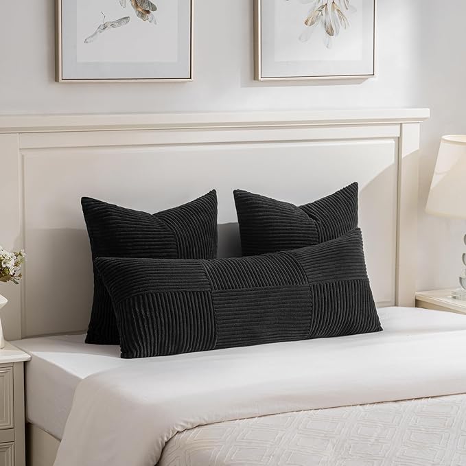 Fancy Homi 2 Packs Black Decorative Throw Pillow Covers 20x20 Inch for Living Room Couch Bed Sofa, Rustic Farmhouse Boho Home Decor, Soft Corss Corduroy Patchwork Accent Square Cushion Case 50x50 cm