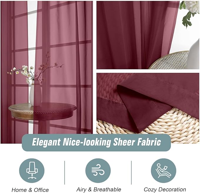 Burgundy Sheer Curtains for Window 72 inches Long 2 Panels, Soft Airy Light Filtering Sheer Curtains for Christmas Decoration, Dual Rod Pocket Solid Window Drapes, 2x42Wx72L inches