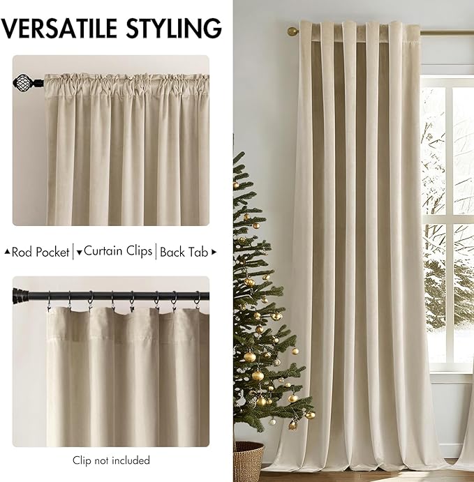 MIULEE Velvet Curtains 84 inches - Luxury Blackout Curtains for Bedroom Living Room Thermal Insulated Super Soft Window Drapes Rod Pocket & Back Tab, Beige, W52 x L84 inches, 2 Panels