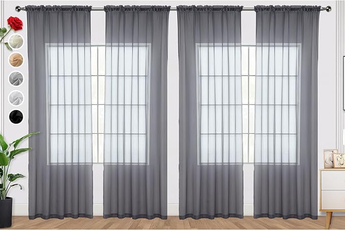 SpaceDresser Grey Sheer Curtains 4 Panels Rod Pocket Semi-Sheer Curtain 72 Inches Long Light Filtering Voile Window Drapes for Bedroom Living Room Kitchen, Each 52W x 72L