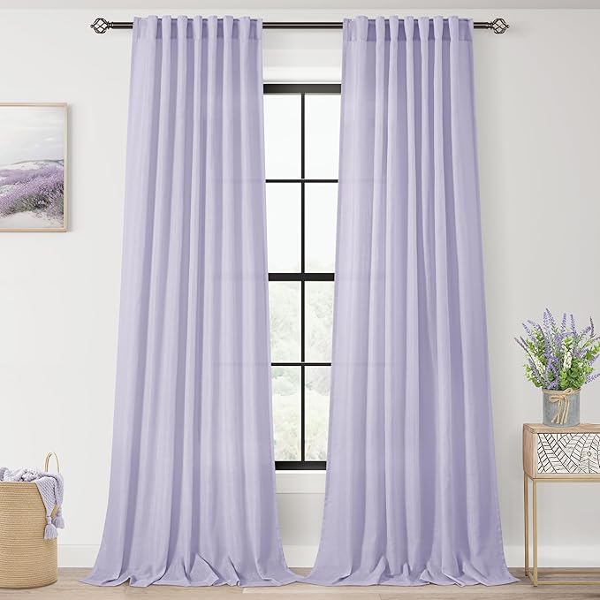 Lavender Linen Curtains Back Tab 108 Inches for Bedroom Living Room 2 Panels Semi Sheer Light Filtering Window Treatment Curtain Modern Elegant Decor Drapes Violet Light Purple 52ﾗ108