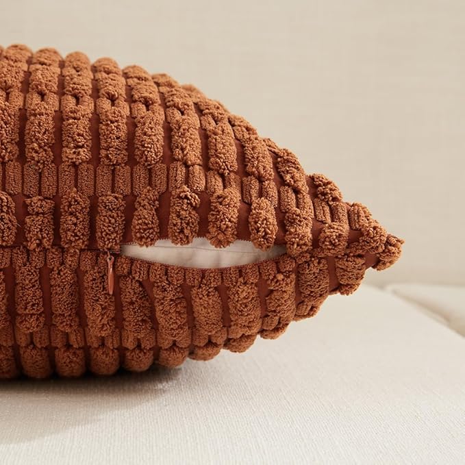 Fancy Homi 4 Packs Rust Decorative Throw Pillow Covers 12x20 Inch for Living Room Couch Bed Sofa, Terracotta Rustic Farmhouse Boho Home Decor, Soft Plush Striped Corduroy Square Cushion Case 30x50 cm