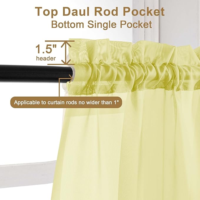 Chyhomenyc Sheer Lemon Tier Curtains 24 Inch Length Set, Small Window Kitchen Curtains for Bathroom Living Room Basement, Farmhouse Short Voile Curtain 42Wx24L, Rod Pocket, 2 PCS