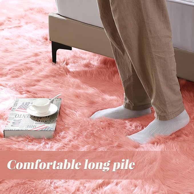 ORINOVA Pink Faux Sheepskin Fluffy Fur Rugs for Bedroom Machine Washable Fuzzy Area Rugs for Living Room Runner Rugs for Hallway 2x6
