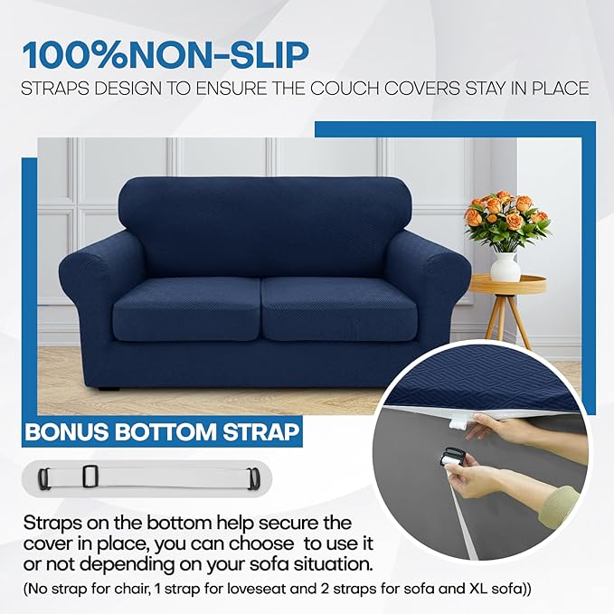 XINEAGE 2026 New 2 Pieces Chair Covers with Arms Super Stretch Chair Slipcover for Living Room Pet Dog Universal Slip Cover Anti Slip Armchair Furniture Protector (Navy Blue), 31"-46"(1 Cushion)
