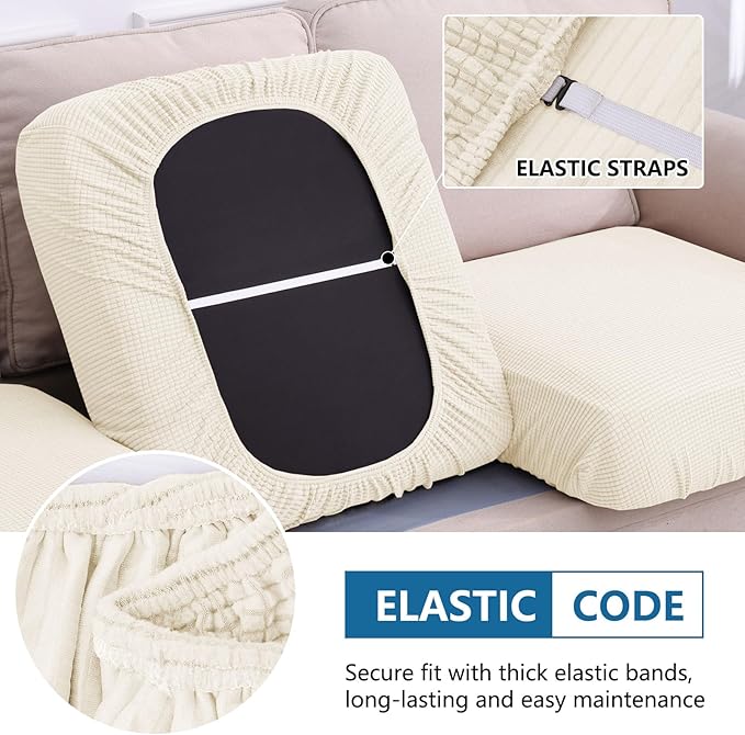 hyha Waterproof Couch Cushion Covers for Pets, Non Slip Sofa Seat Cover for Dogs Washable, Soft Thick Stretch Jacquard Fabric, Sofa Slipcovers with Elastic Bottom (1 Piece for Large, Light Beige)