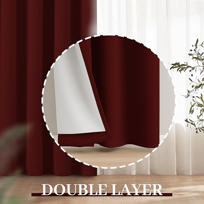 Yakamok Room Darkening 100% Blackout Curtains Grommet Window Treatments with 2 Thick Layers-Burgundy Red Thermal Insulated Drapes Set of 2 Panels for Bedroom Living Room 52 Inches by 63 Inches Length
