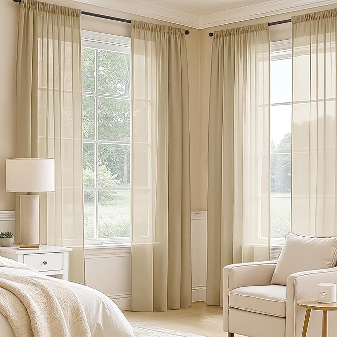 MIULEE Beige Sheer Curtains 96 Inches Long, 4 Panels Set, Rod Pocket Voile Drapes Light Filtering and Semi Transparent, Elegant Window Treatments for Bedroom Living Room,42 x 96 Inches