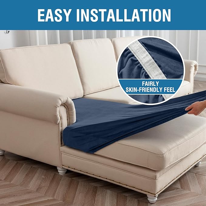 Couch Cover 4-Piece Elastic Velvet Couch Cushion Covers & Chaise Slipcovers for L-Shaped Sofas, Sofa Seat Covers Washable, Soft Cover for Couches (3 Seater + Chaise, Berlin Blue)