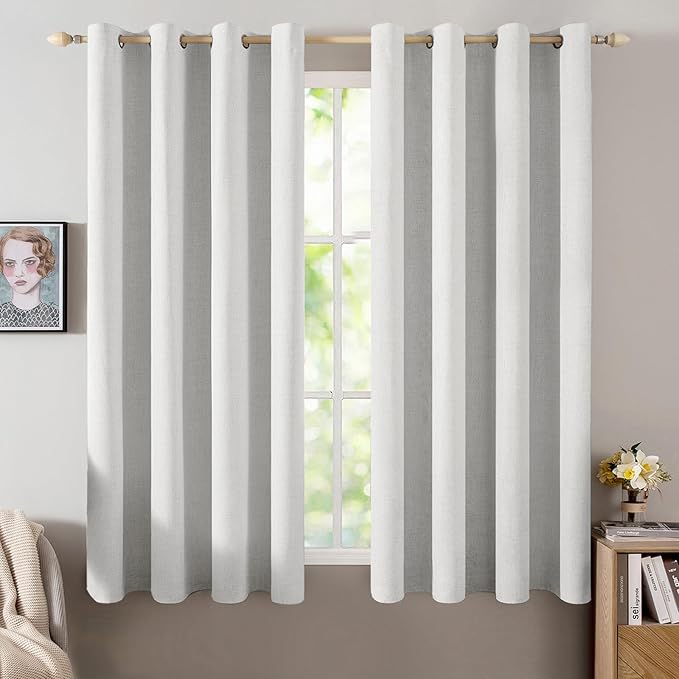 MIULEE Linen Textured Curtains for Bedroom Solid 100% Blackout Thermal Insulated Heathered White Grommet Room Darkening Curtains & Drapes Luxury Decor for Living Room Nursery 52 x 63 Inch (2 Panels)