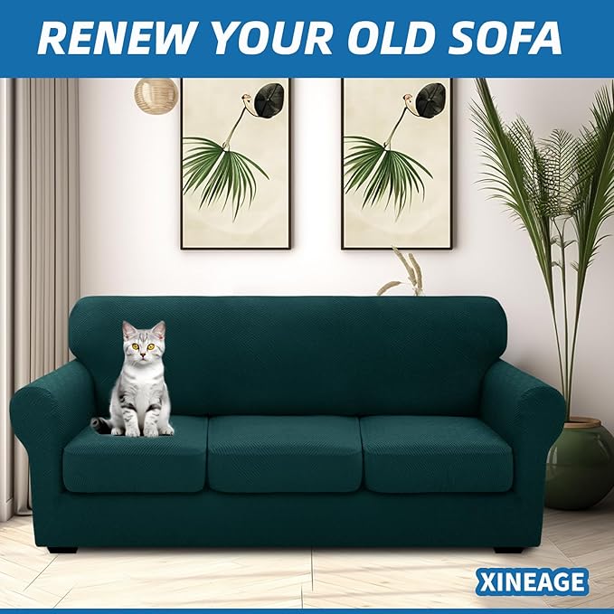 XINEAGE 2026 New 4 Pieces Extra Large Couch Covers for 3 Cushion Sofa Super Stretch Sofa Cover for 3 Large Seat Cushion Universal Slip Cover for Living Room (Blackish Green), 91"-110"(3 Cushions)