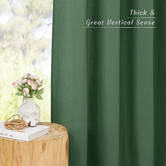 NICETOWN Olive Green Linen Kitchen Curtains 36 inch Length, Decorative Thick Flax Small Window Treatments Privacy Assured with Light Filtering for Bedroom/Bathroom, W55 x L36, 2 Panels