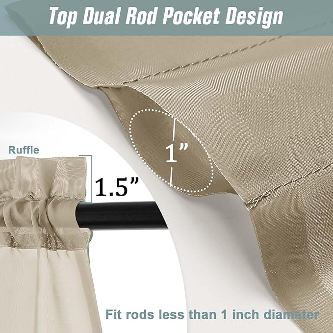 Taupe Small Sheer Curtains Tier 24 Inches Length 2 Pieces, Light Filtering Cafe Curtains Sheers for Living Room Bathroom, Modern Window Treatments Dual Rod Pocket Panels, 2X42Wx24L Inches