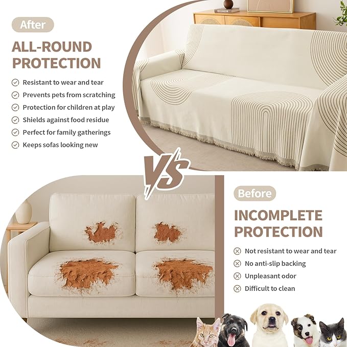 Couch Cover for Dogs, Boho Sofa Covers for 3 Cushion Couch, Chenille Sofa Slipcover for Pets Washable, L-Shape Sectional Couch Loveseat Cover Soft Throw Blankets with Tassels(71x118,Arc Beige)