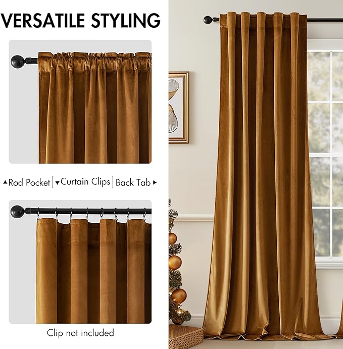 MIULEE Velvet Curtains 63 inches - Luxury Blackout Curtains for Bedroom Living Room Thermal Insulated Super Soft Window Drapes Rod Pocket & Back Tab, Gold Brown, W52 x L63 inches, 2 Panels