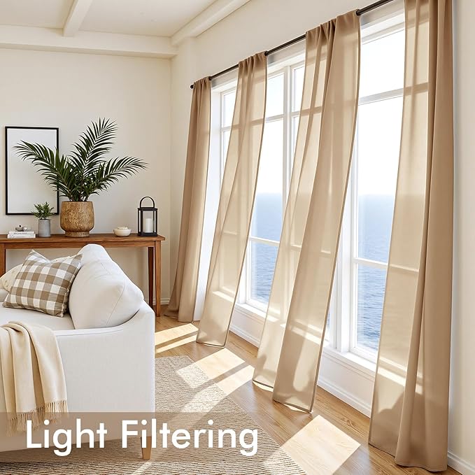 MIULEE Brown Sheer Curtains 108 Inches Long, 4 Panels Set, Rod Pocket Voile Drapes Light Filtering and Semi Transparent, Elegant Window Treatments for Bedroom Living Room,42 x 108 Inches